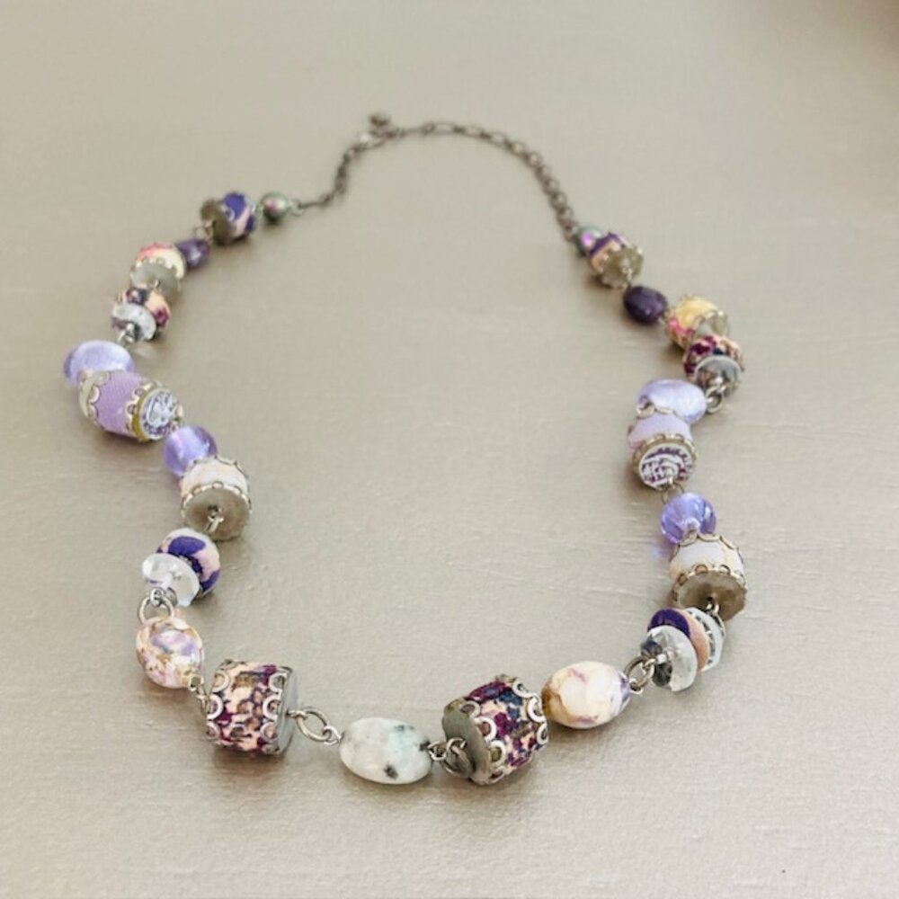 Ayala Bar Vintage Statement Boho Purple Fabric Glass Beaded Colorful Necklace